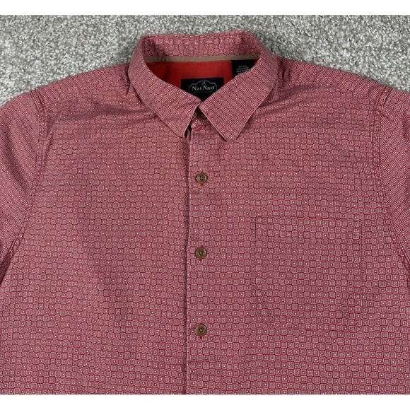 Nat Nast Shirt Mens Large Red Geometric Short Sleeve Button Up Silk Blend Casual - Picture 2 of 8